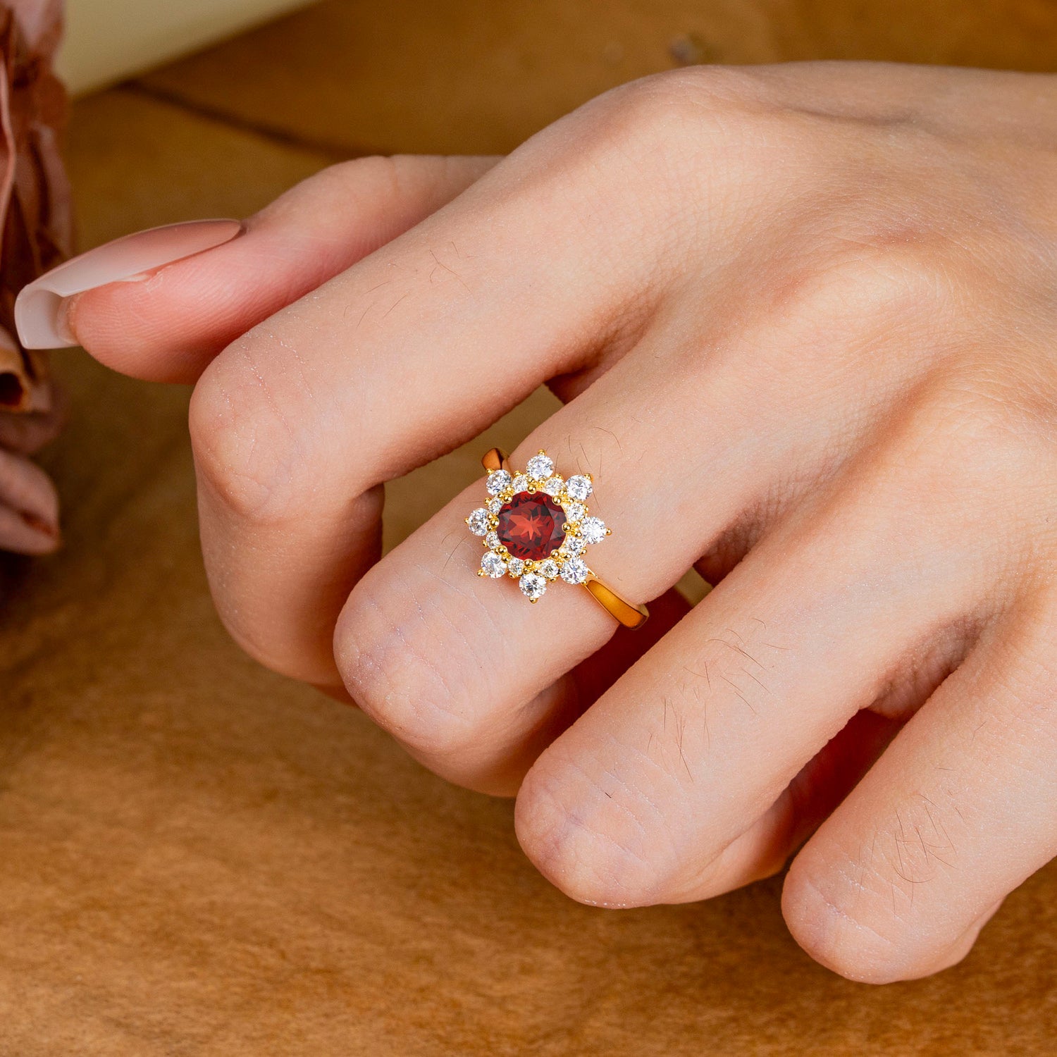 Round Cut Garnet Flower Engagement Ring Deep Red Romantic Engagement Ring