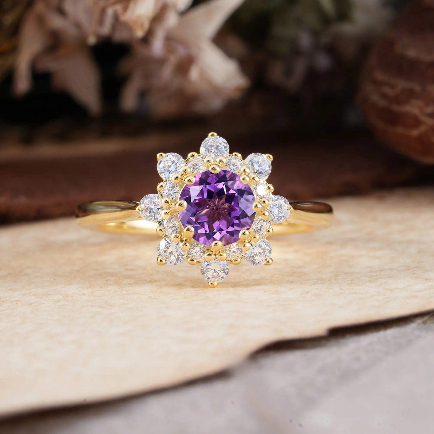 Round Cut Amethyst Flower Engagement Ring Purple Birthstone Engagement Ring
