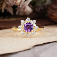 Round Cut Amethyst Flower Engagement Ring Purple Birthstone Wedding Ring
