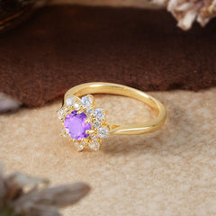 Round Cut Amethyst Flower Engagement Ring Purple Birthstone Wedding Ring