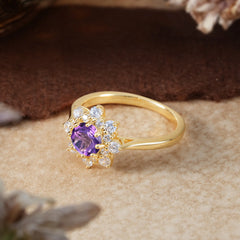 Round Cut Amethyst Flower Engagement Ring Purple Birthstone Wedding Ring