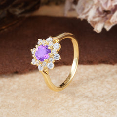 Round Cut Amethyst Flower Engagement Ring Purple Birthstone Wedding Ring