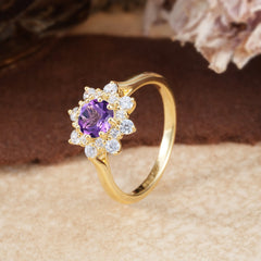 Round Cut Amethyst Flower Engagement Ring Purple Birthstone Wedding Ring