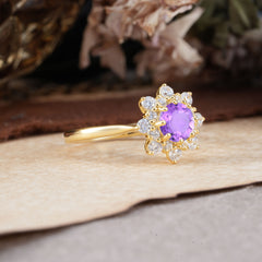 Round Cut Amethyst Flower Engagement Ring Purple Birthstone Wedding Ring