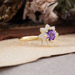 Round Cut Amethyst Flower Engagement Ring Purple Birthstone Wedding Ring