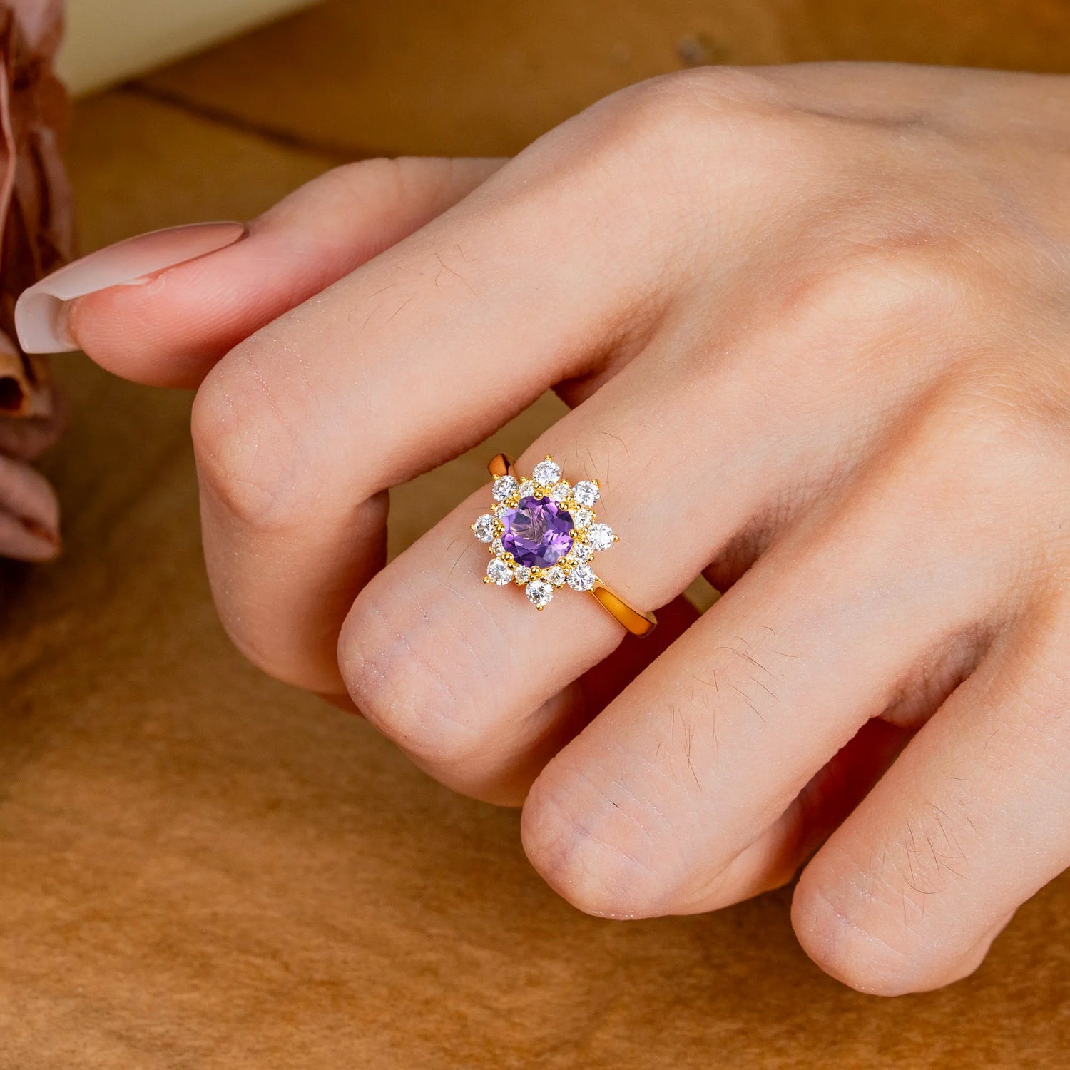 Round Cut Amethyst Flower Engagement Ring Purple Birthstone Engagement Ring