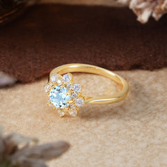 Round Aquamarine Flower Engagement Ring Nature Inspired Wedding Ring