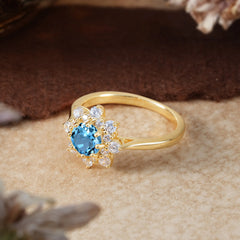 Round Aquamarine Flower Engagement Ring Nature Inspired Wedding Ring