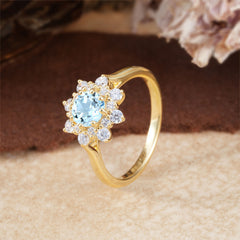 Round Aquamarine Flower Engagement Ring Nature Inspired Wedding Ring