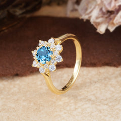 Round Aquamarine Flower Engagement Ring Nature Inspired Wedding Ring