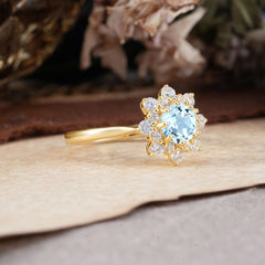 Round Aquamarine Flower Engagement Ring Nature Inspired Wedding Ring