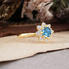 Round Aquamarine Flower Engagement Ring Nature Inspired Wedding Ring