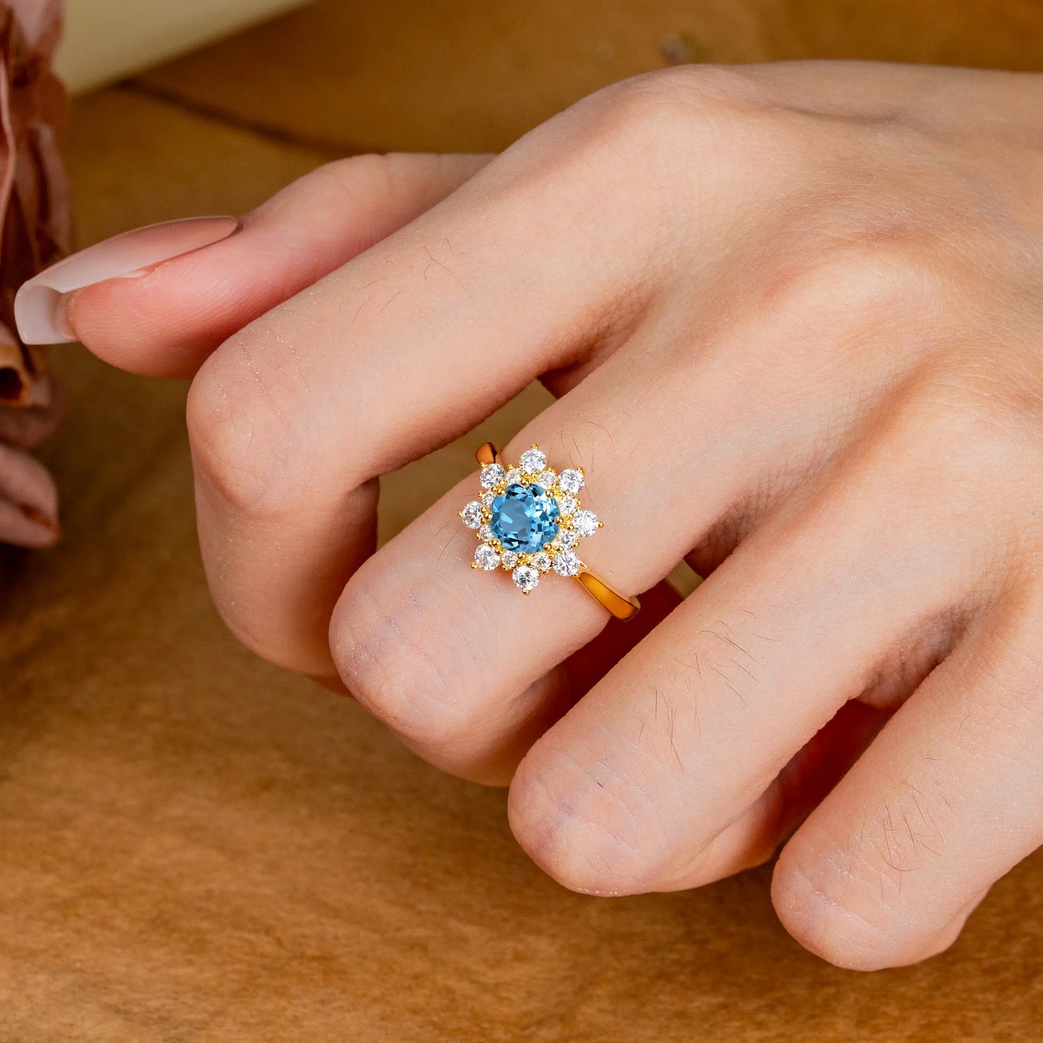 Round Aquamarine Flower Engagement Ring Nature Inspired Engagement Ring