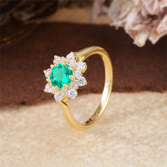 Round Emerald Flower Engagement Ring Nature Inspired Wedding Ring