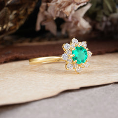 Round Emerald Flower Engagement Ring Nature Inspired Wedding Ring