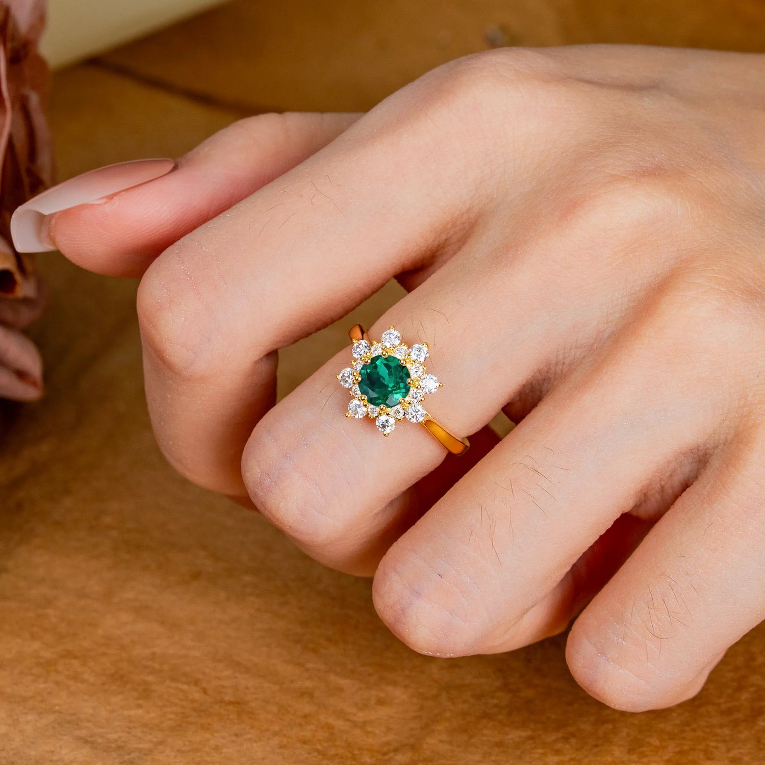 Round Emerald Flower Engagement Ring Nature Inspired Engagement Ring