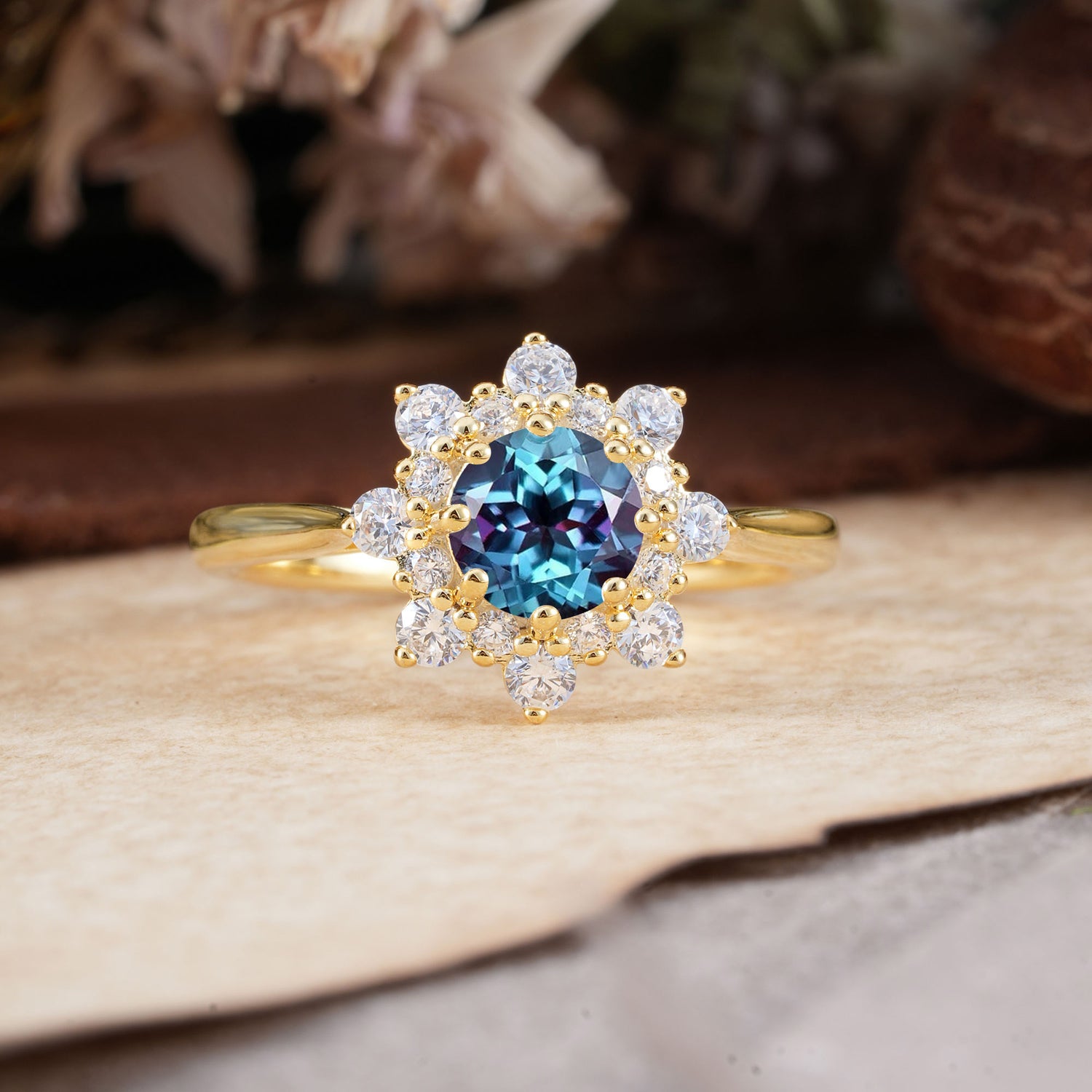Round Alexandrite Flower Engagement Ring Nature Inspired Engagement Ring