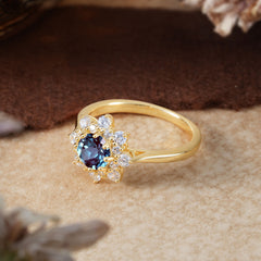Round Alexandrite Flower Engagement Ring Nature Inspired Wedding Ring