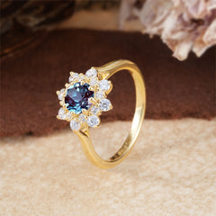 Round Alexandrite Flower Engagement Ring Nature Inspired Wedding Ring
