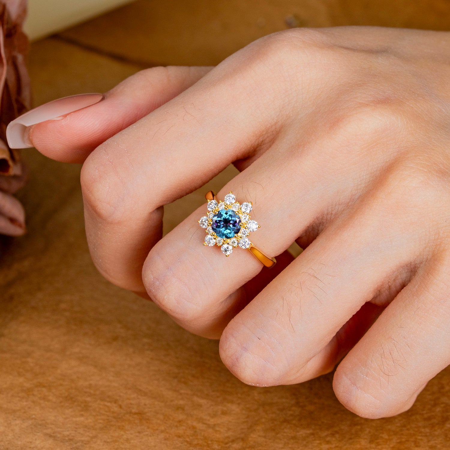 Round Alexandrite Flower Engagement Ring Nature Inspired Engagement Ring