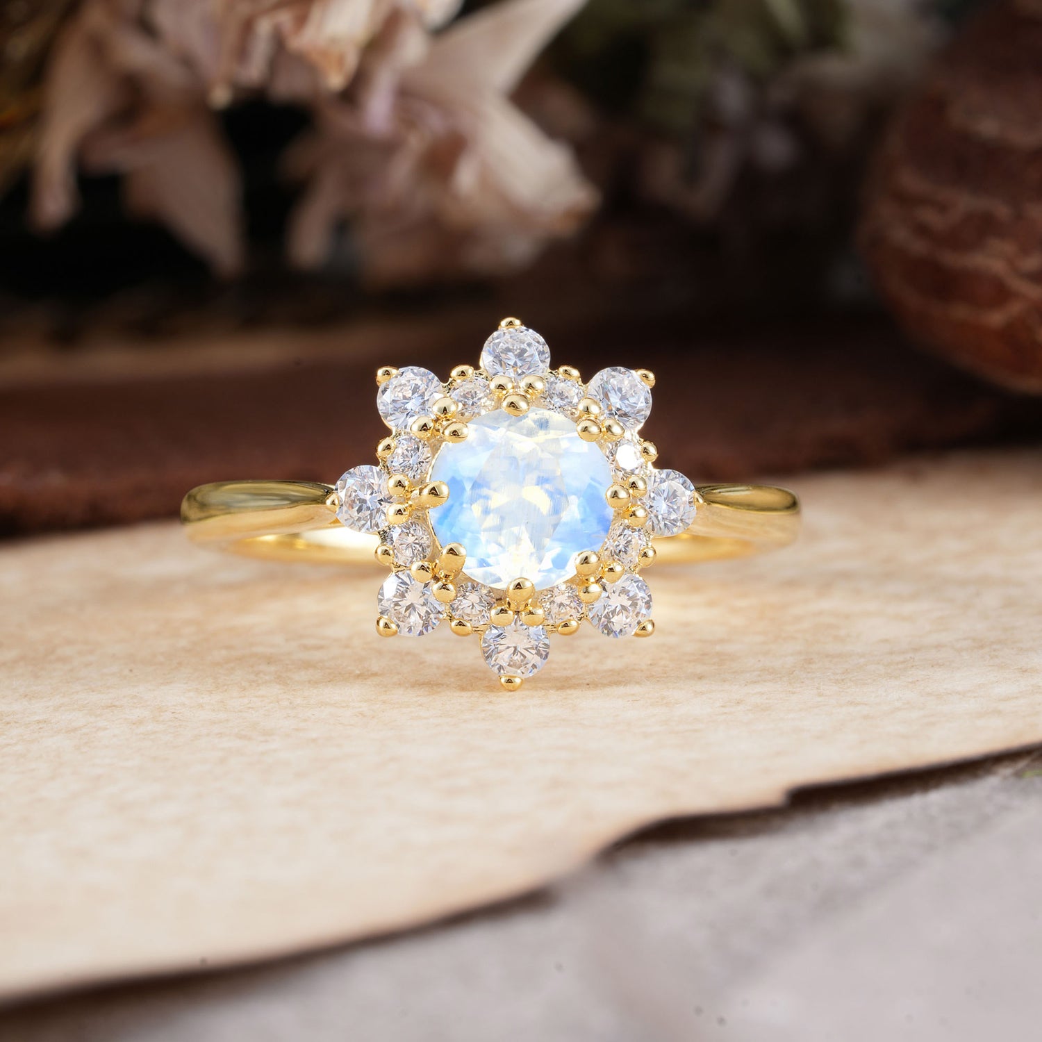 Round Moonstone Flower Engagement Ring Nature Inspired Engagement Ring