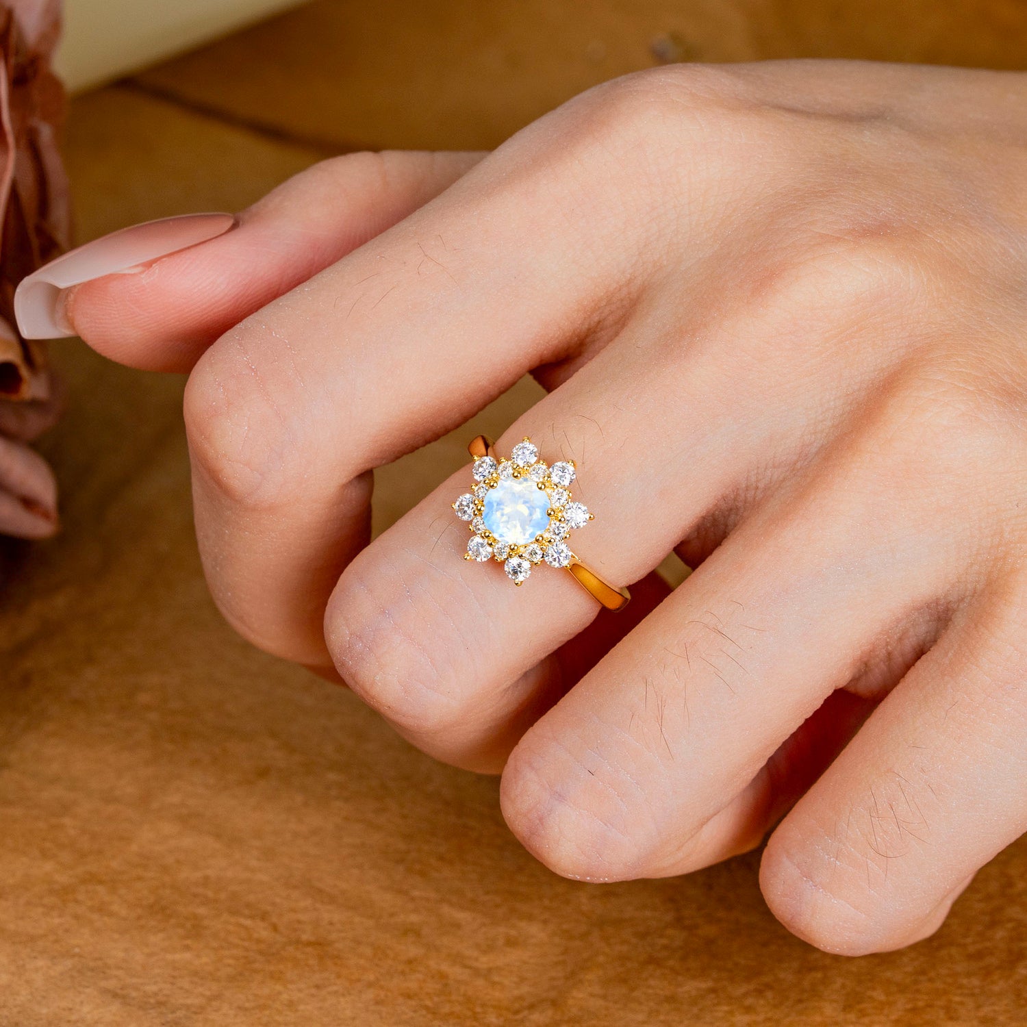 Round Moonstone Flower Engagement Ring Nature Inspired Engagement Ring