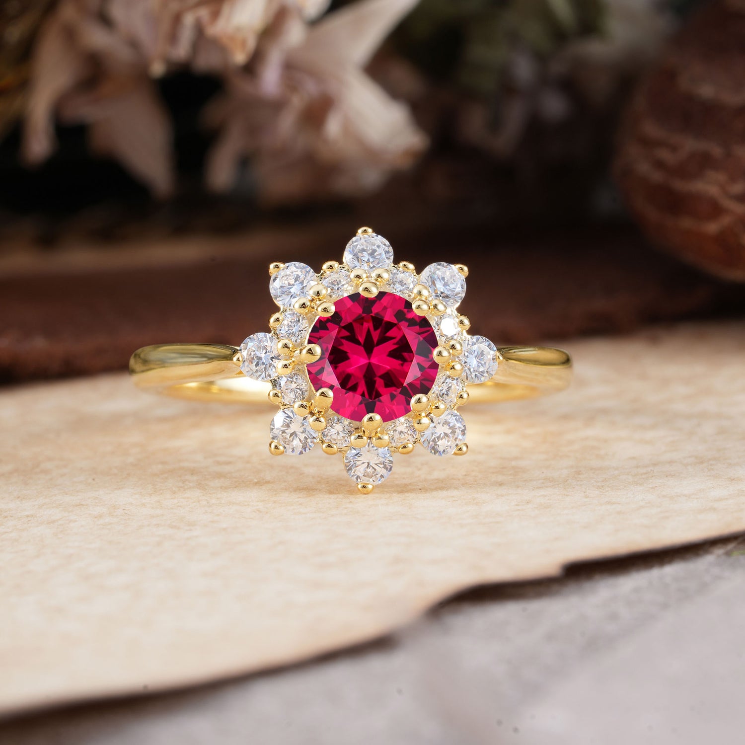 Round Ruby Flower Engagement Ring Nature Inspired Engagement Ring