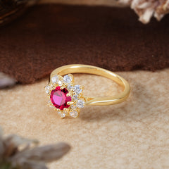 Round Ruby Flower Engagement Ring Nature Inspired Wedding Ring