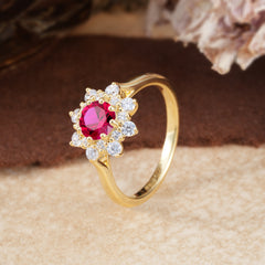 Round Ruby Flower Engagement Ring Nature Inspired Wedding Ring