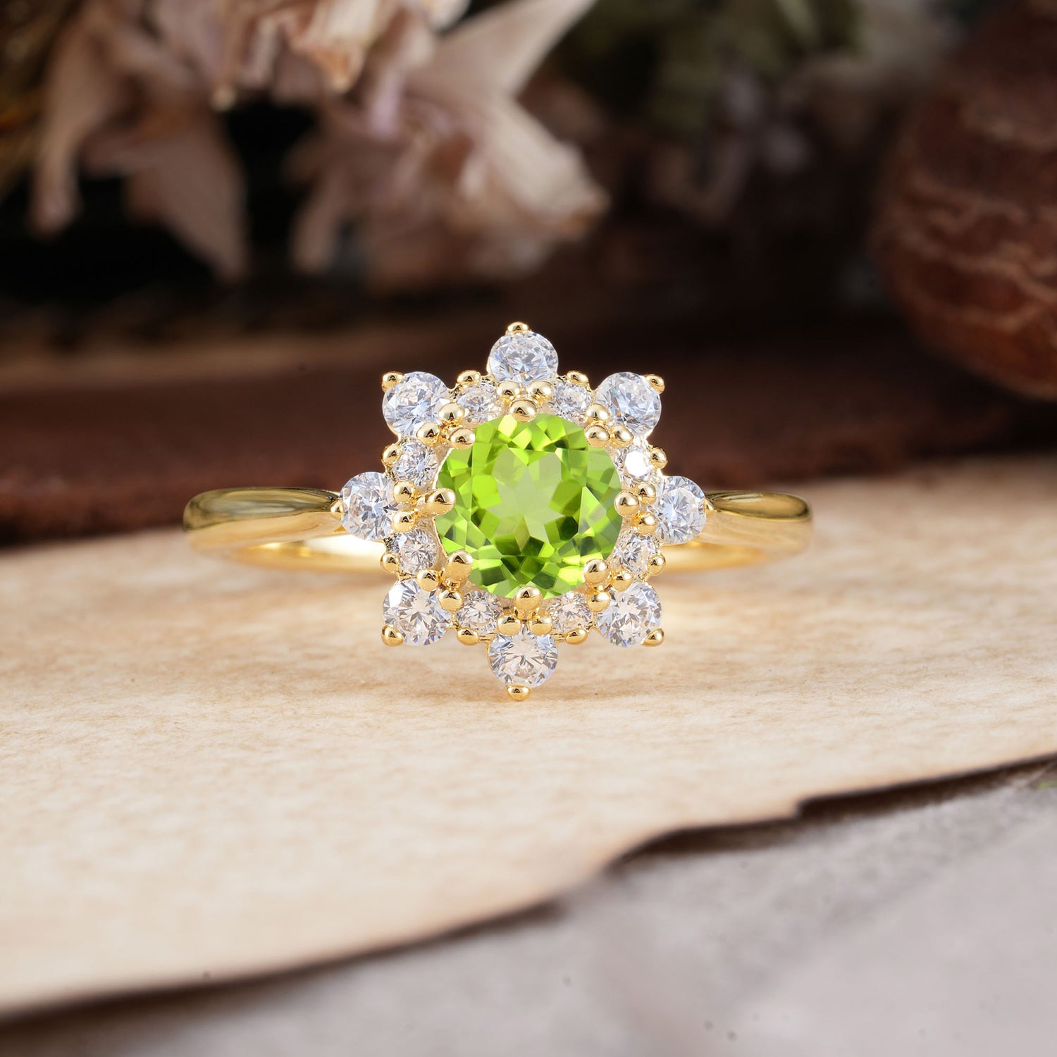 Round Cut Peridot Engagement Ring Green August Birthstone Flower Engagement Ring