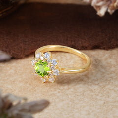 Round Cut Peridot Engagement Ring Green August Birthstone Flower Wedding Ring