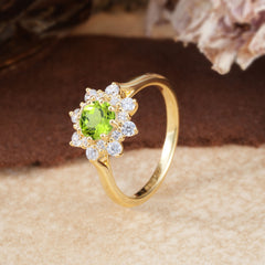 Round Cut Peridot Engagement Ring Green August Birthstone Flower Wedding Ring