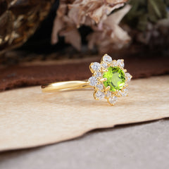 Round Cut Peridot Engagement Ring Green August Birthstone Flower Wedding Ring