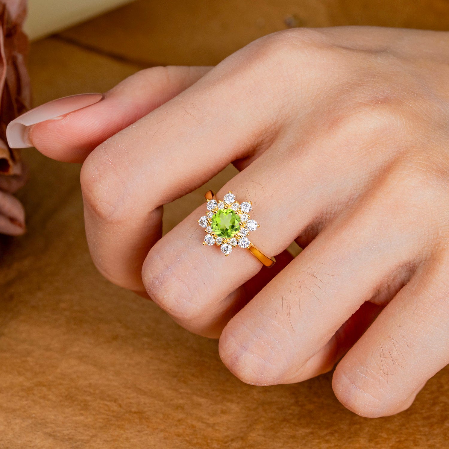 Round Cut Peridot Engagement Ring Green August Birthstone Flower Engagement Ring
