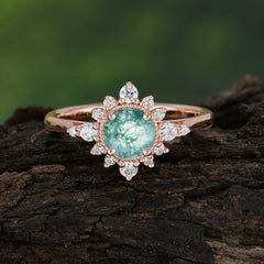 Vintage Round Cut Cluster Moss Agate Wedding Ring Flower Engagement Ring