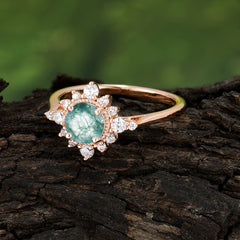 Vintage Round Cut Cluster Moss Agate Wedding Ring Flower Engagement Ring