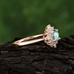 Vintage Round Cut Cluster Moss Agate Wedding Ring Flower Engagement Ring