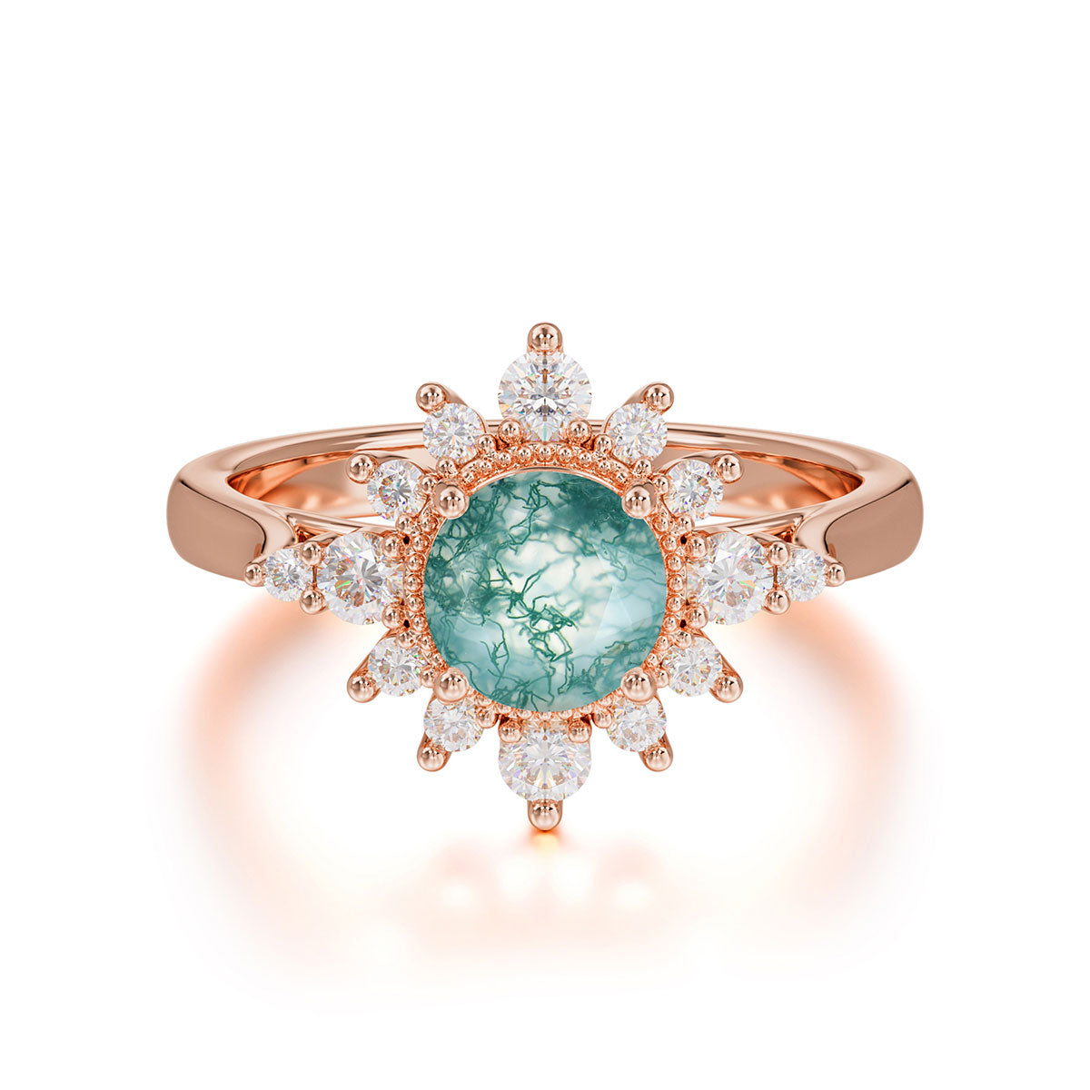 Vintage Round Cut Cluster Moss Agate Wedding Ring Flower Engagement Ring