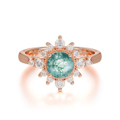 Vintage Round Cut Cluster Moss Agate Wedding Ring Flower Engagement Ring