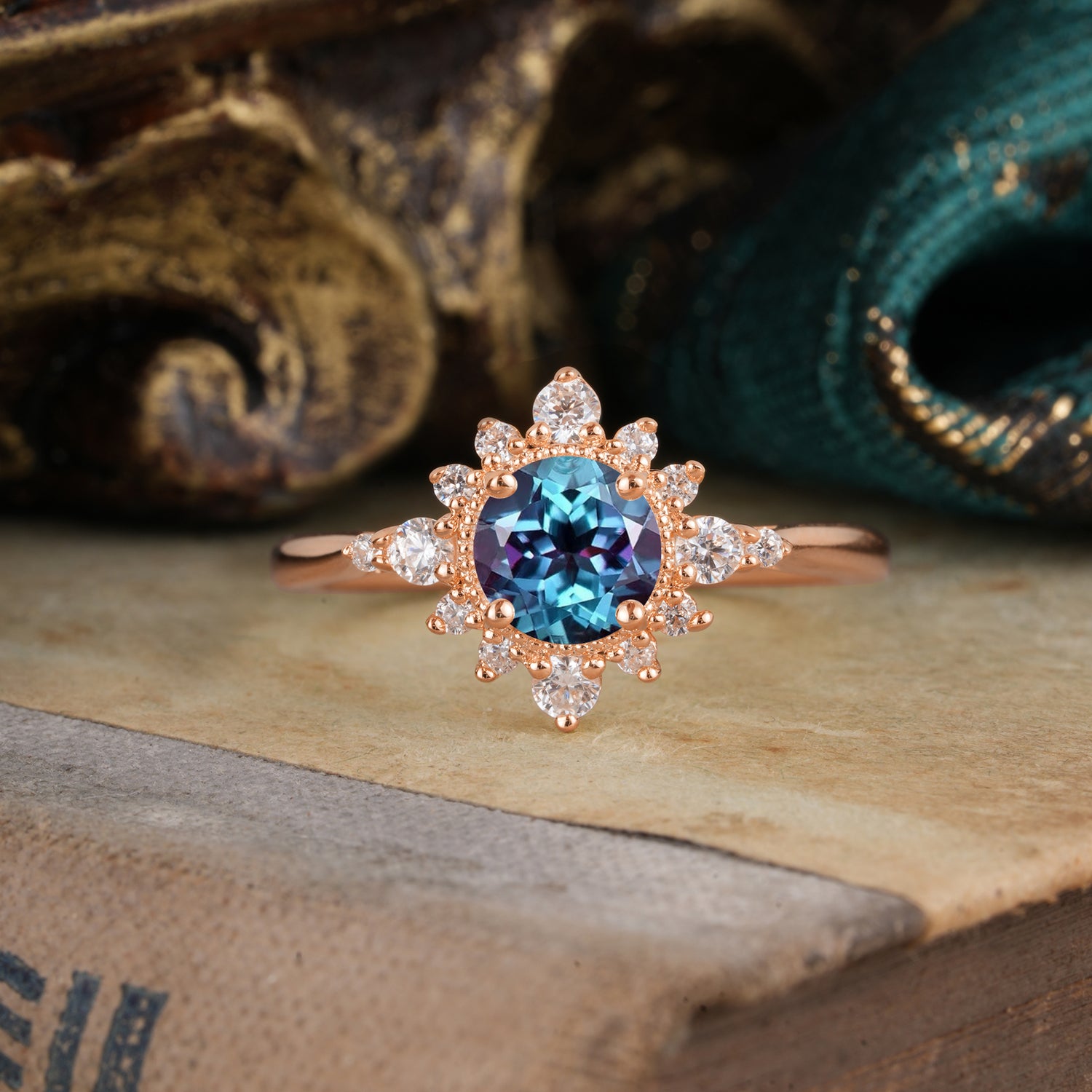 Classic 4 Prong Round Cut Cluster Alexandrite Flower Engagement Ring