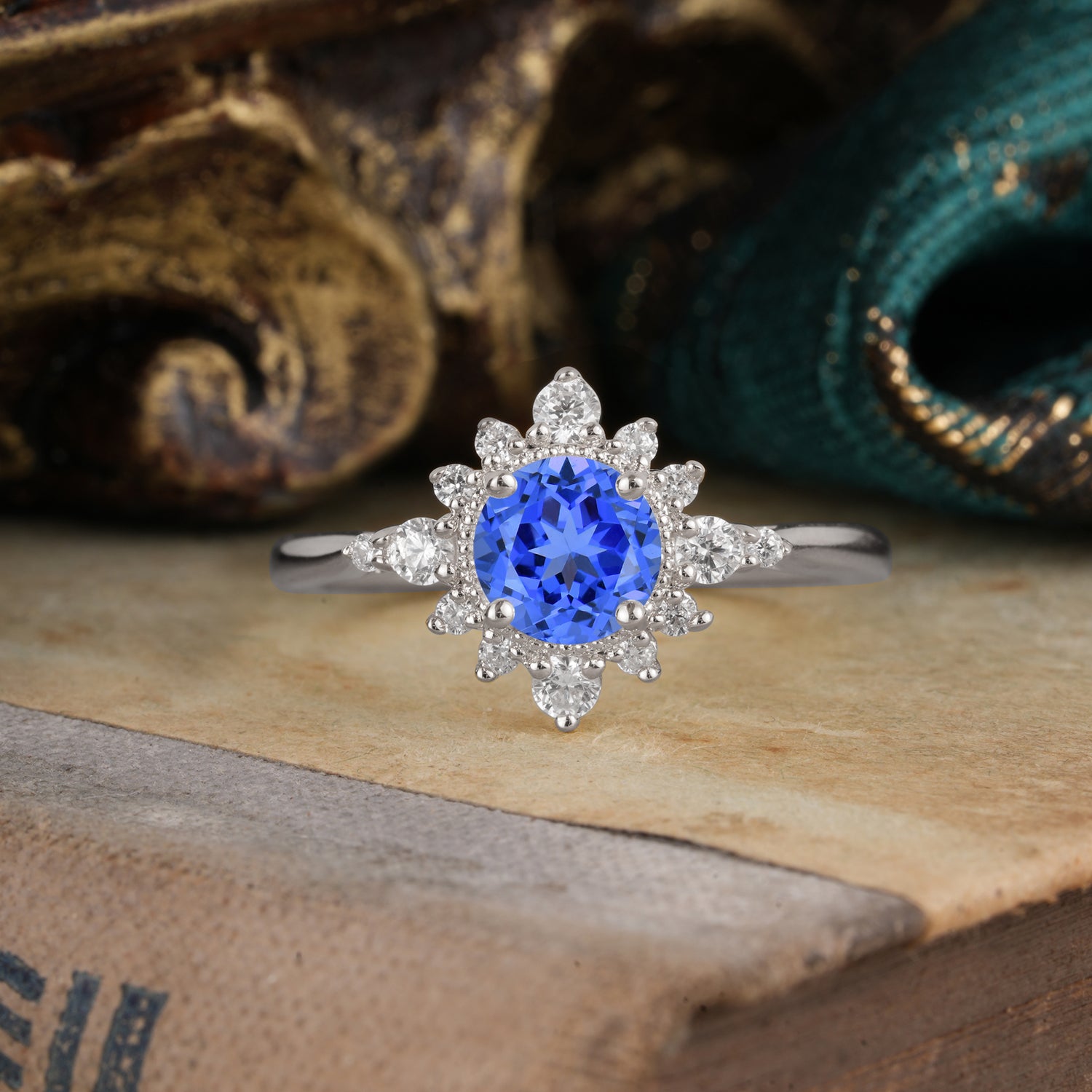 Classic 4 Prong Round Cut Cluster Sapphire Engagement Ring Flower Design Jewelry
