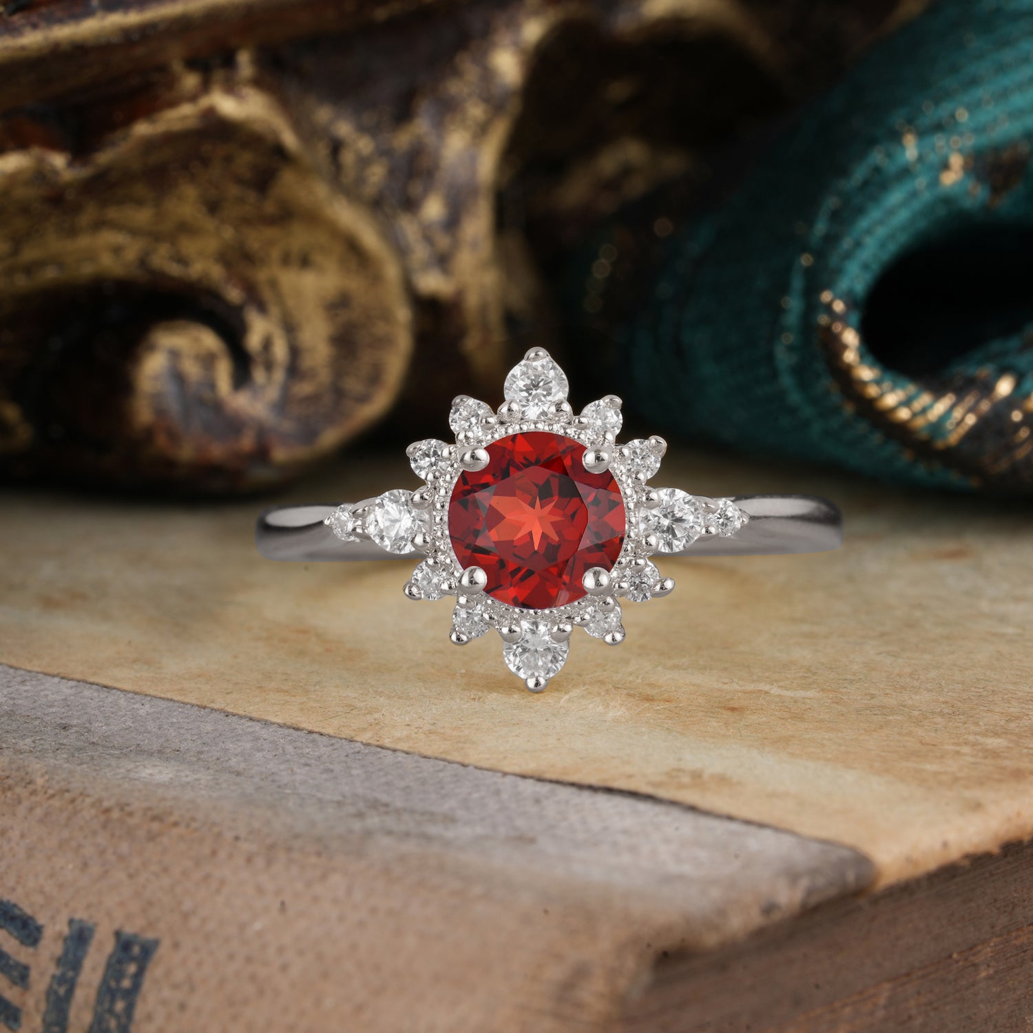 Classic 4 Prong Round Cut Cluster Garnet Flower Engagement Ring