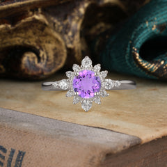 Vintage Round Cut Cluster Amethyst Wedding Ring Flower Engagement Ring