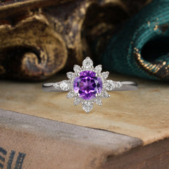Vintage Round Cut Cluster Amethyst Wedding Ring Flower Engagement Ring