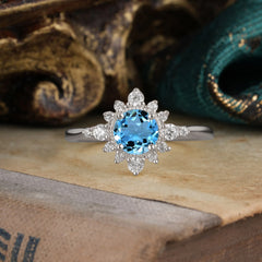 Vintage Round Cut Cluster Aquamarine Wedding Ring Flower Engagement Ring