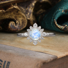 Vintage Round Cut Cluster Moonstone Wedding Ring Flower Engagement Ring