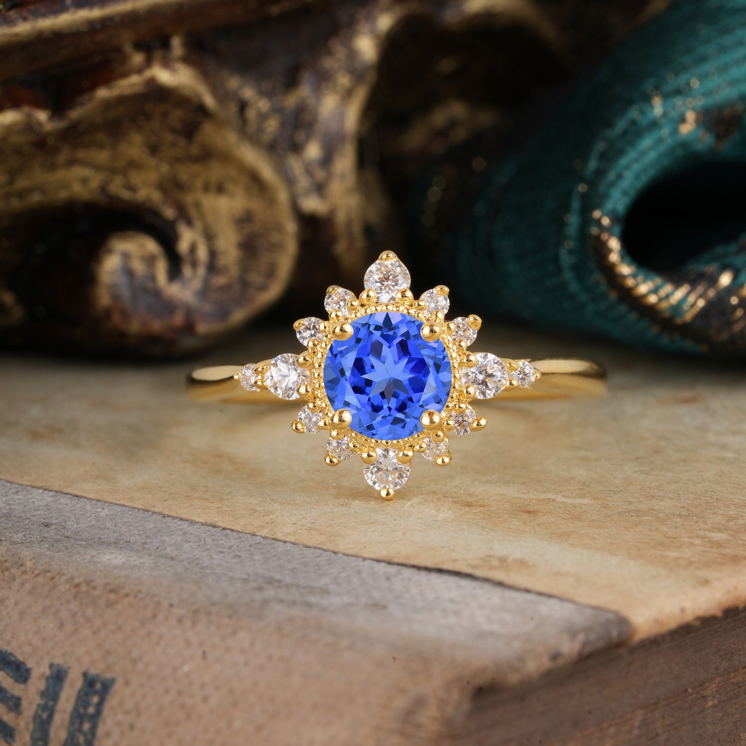 Classic 4 Prong Round Cut Cluster Sapphire Engagement Ring Flower Design Jewelry