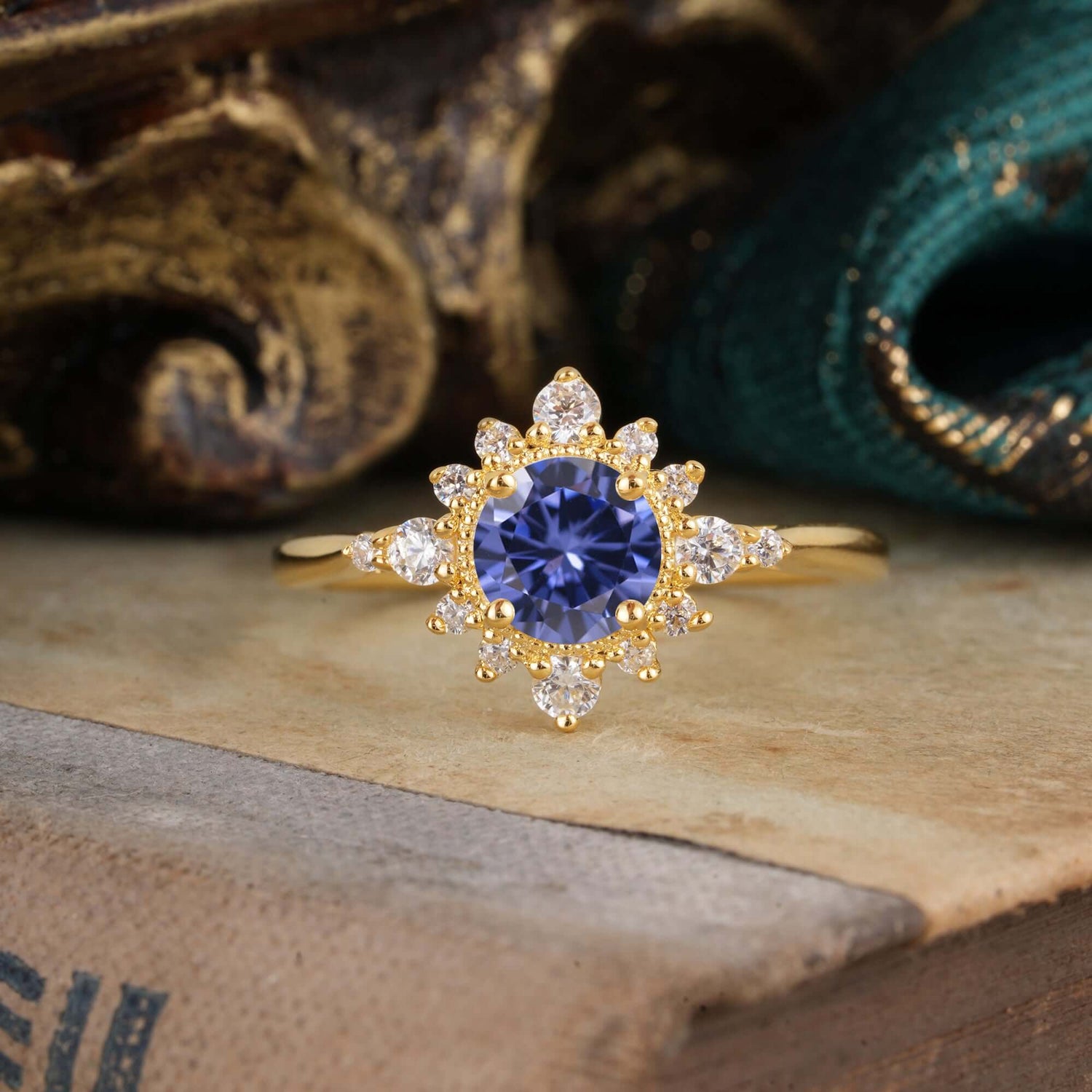 Classic 4 Prong Round Cut Cluster Tanzanite Flower Engagement Ring
