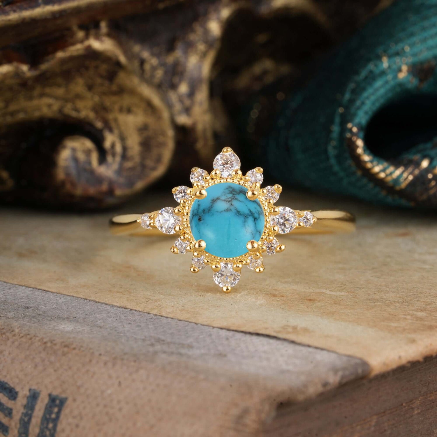 Classic 4 Prong Round Cut Cluster Turquoise Flower Engagement Ring