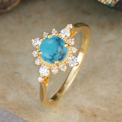 Vintage Round Cut Cluster Turquoise Wedding Ring Flower Engagement Ring